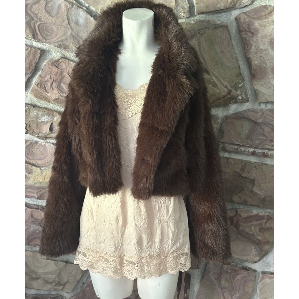 active USA‎ Loft Faux Fur Coat Womens 8 Brown Excellent Cropped Mob Wife Winter